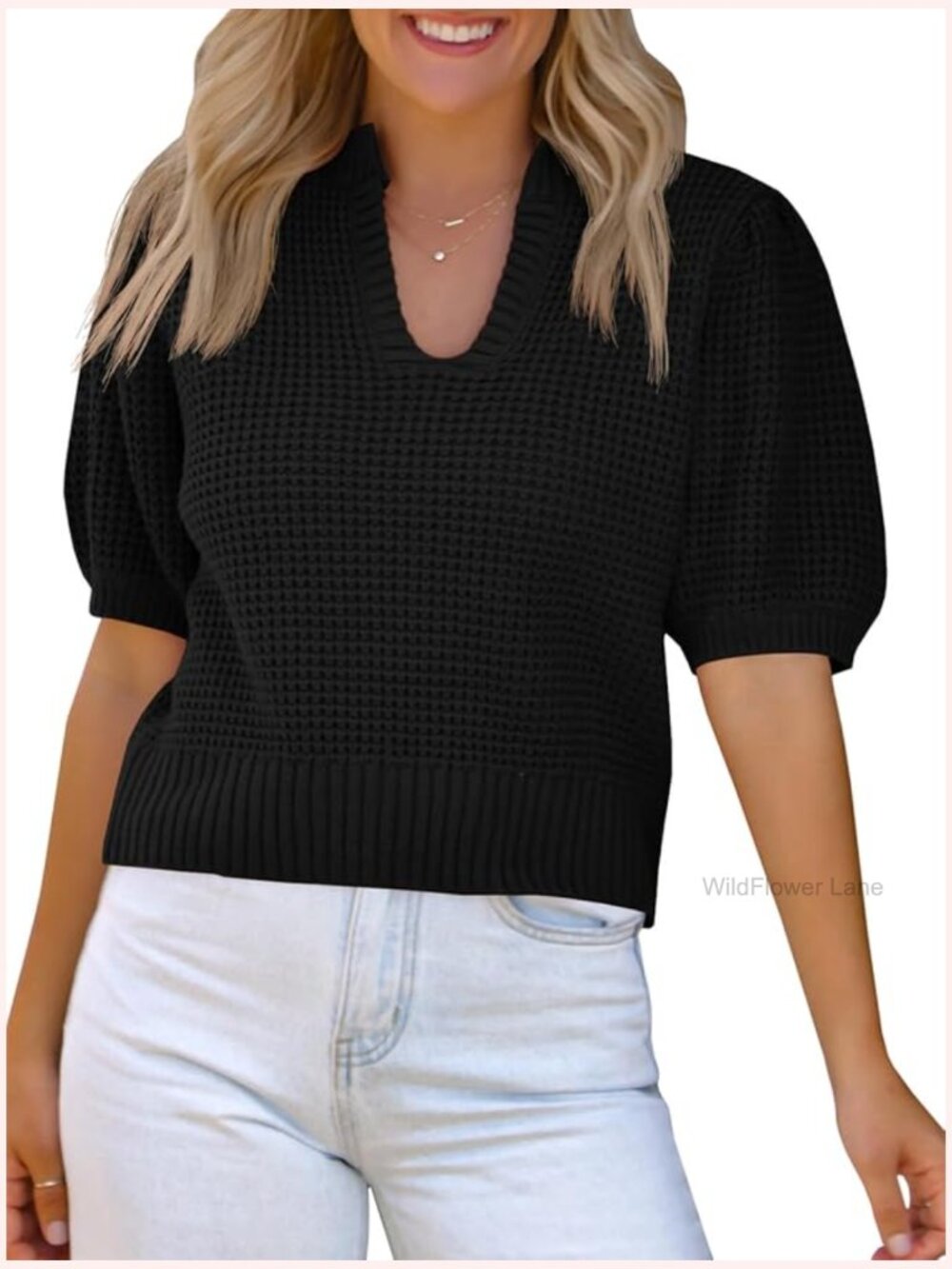 Womens Puff Short Sleeve Waffle Knit V Neck Cropped Sweater Top Trendy